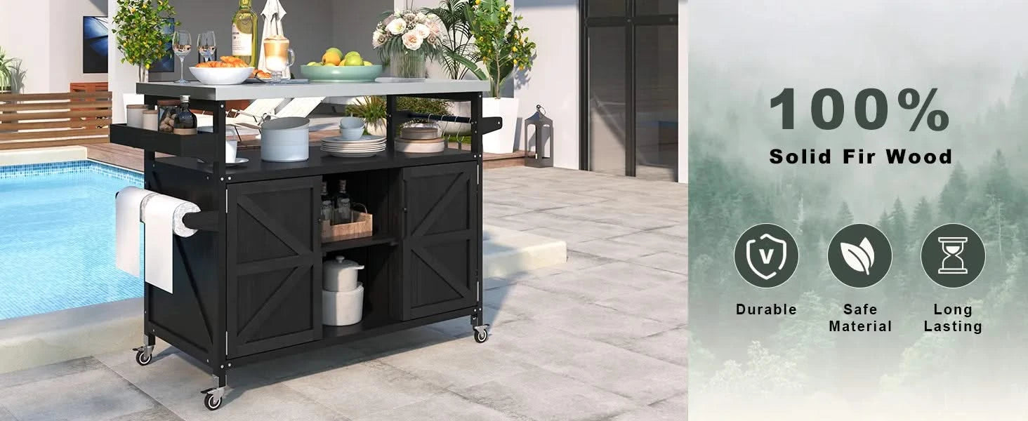 K&K Outdoor Kitchen Island, Rolling Bar Cart & Storage Cabinet, Farmhouse Solid Wood Outdoor Grill Table with Stainless Steel Top, Spice Rack , Towel Rack for Kitchen & Barbecue, Black Default -DTYStore
