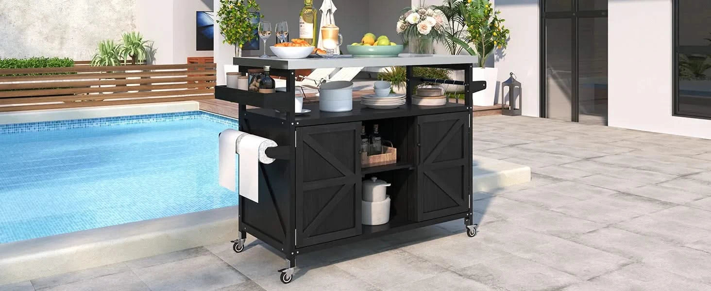 K&K Outdoor Kitchen Island, Rolling Bar Cart & Storage Cabinet, Farmhouse Solid Wood Outdoor Grill Table with Stainless Steel Top, Spice Rack , Towel Rack for Kitchen & Barbecue, Black Default -DTYStore