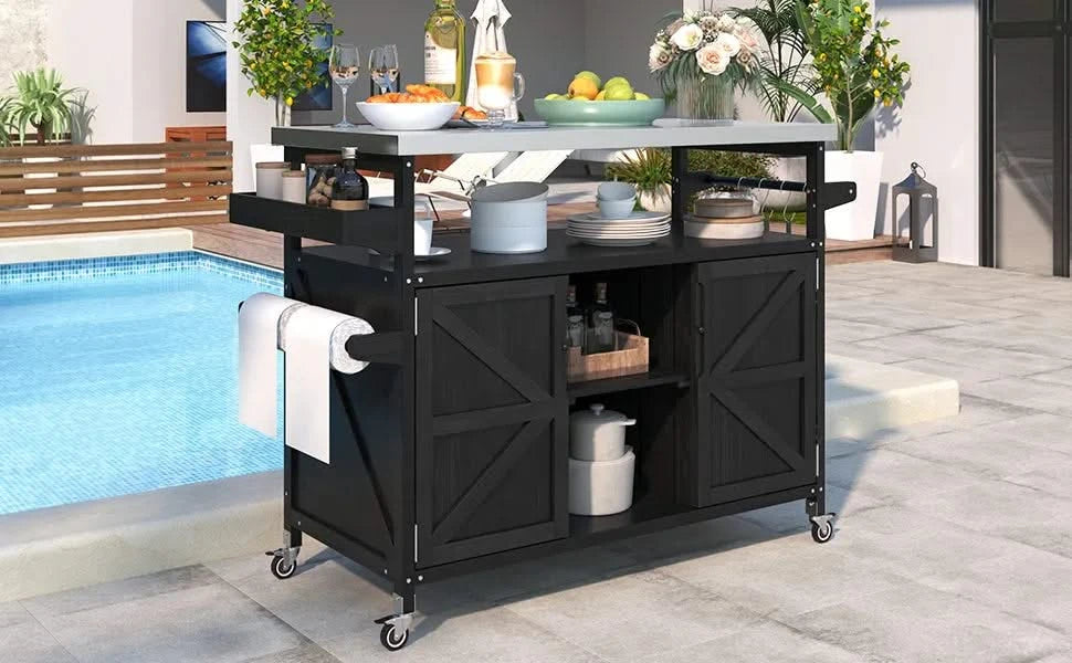 K&K Outdoor Kitchen Island, Rolling Bar Cart & Storage Cabinet, Farmhouse Solid Wood Outdoor Grill Table with Stainless Steel Top, Spice Rack , Towel Rack for Kitchen & Barbecue, Black Default -DTYStore