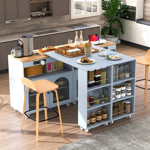 K&K Rolling Kitchen Island With Extended Table, Kitchen Island on Wheels with LED Lights,Power Outlets and 2 Fluted Glass Doors, Kitchen Island with a Storage Compartment and Side 3 Open Shelves, Grey Default -DTYStore