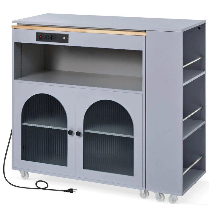 K&K Rolling Kitchen Island With Extended Table, Kitchen Island on Wheels with LED Lights,Power Outlets and 2 Fluted Glass Doors, Kitchen Island with a Storage Compartment and Side 3 Open Shelves, Grey Default -DTYStore