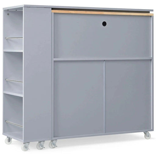 K&K Rolling Kitchen Island With Extended Table, Kitchen Island on Wheels with LED Lights,Power Outlets and 2 Fluted Glass Doors, Kitchen Island with a Storage Compartment and Side 3 Open Shelves, Grey Default -DTYStore