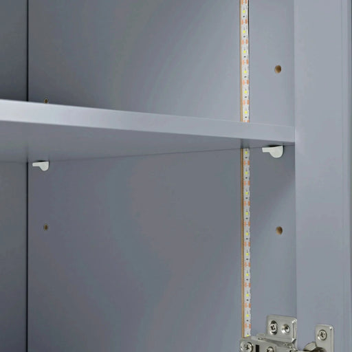 K&K Rolling Kitchen Island With Extended Table, Kitchen Island on Wheels with LED Lights,Power Outlets and 2 Fluted Glass Doors, Kitchen Island with a Storage Compartment and Side 3 Open Shelves, Grey Default -DTYStore