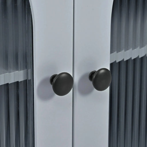 K&K Rolling Kitchen Island With Extended Table, Kitchen Island on Wheels with LED Lights,Power Outlets and 2 Fluted Glass Doors, Kitchen Island with a Storage Compartment and Side 3 Open Shelves, Grey Default -DTYStore