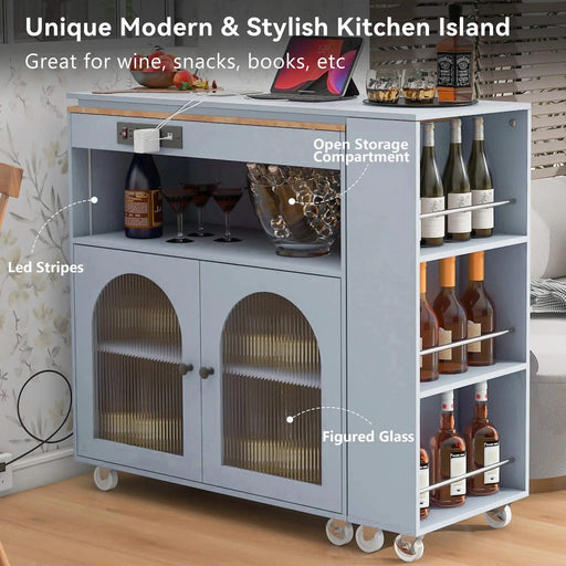 K&K Rolling Kitchen Island With Extended Table, Kitchen Island on Wheels with LED Lights,Power Outlets and 2 Fluted Glass Doors, Kitchen Island with a Storage Compartment and Side 3 Open Shelves, Grey Default -DTYStore