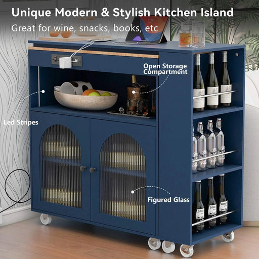 K&K Rolling Kitchen Island With Extended Table, Kitchen Island on Wheels with LED Lights,Power Outlets and 2 Fluted Glass Doors, Kitchen Island with a Storage Compartment and Side 3 Open Shelves, Navy Default -DTYStore