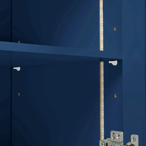 K&K Rolling Kitchen Island With Extended Table, Kitchen Island on Wheels with LED Lights,Power Outlets and 2 Fluted Glass Doors, Kitchen Island with a Storage Compartment and Side 3 Open Shelves, Navy Default -DTYStore