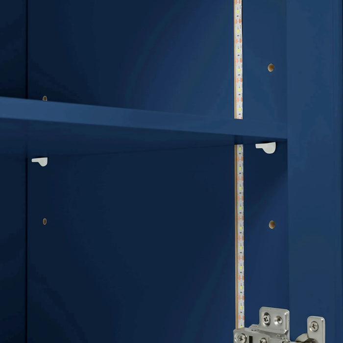 K&K Rolling Kitchen Island With Extended Table, Kitchen Island on Wheels with LED Lights,Power Outlets and 2 Fluted Glass Doors, Kitchen Island with a Storage Compartment and Side 3 Open Shelves, Navy Default -DTYStore