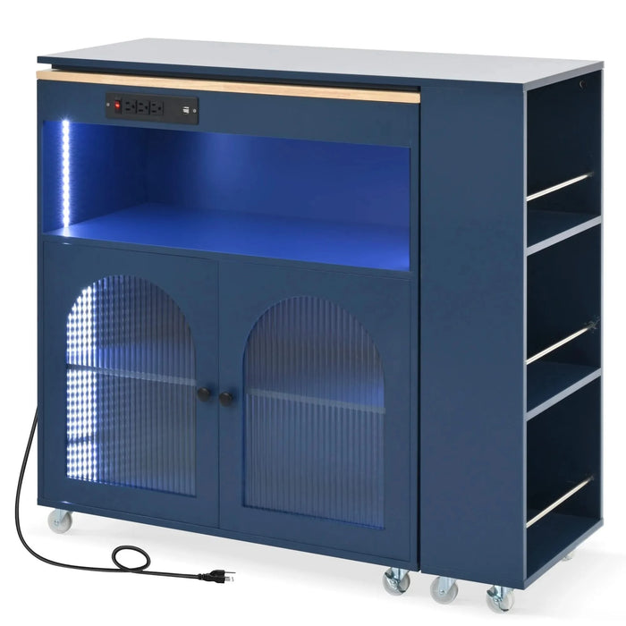 K&K Rolling Kitchen Island With Extended Table, Kitchen Island on Wheels with LED Lights,Power Outlets and 2 Fluted Glass Doors, Kitchen Island with a Storage Compartment and Side 3 Open Shelves, Navy Default -DTYStore