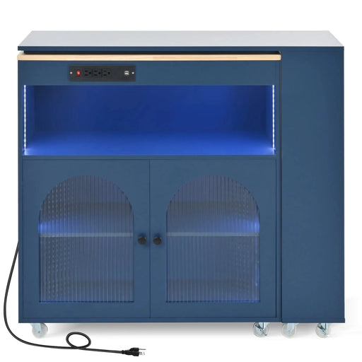 K&K Rolling Kitchen Island With Extended Table, Kitchen Island on Wheels with LED Lights,Power Outlets and 2 Fluted Glass Doors, Kitchen Island with a Storage Compartment and Side 3 Open Shelves, Navy Default -DTYStore