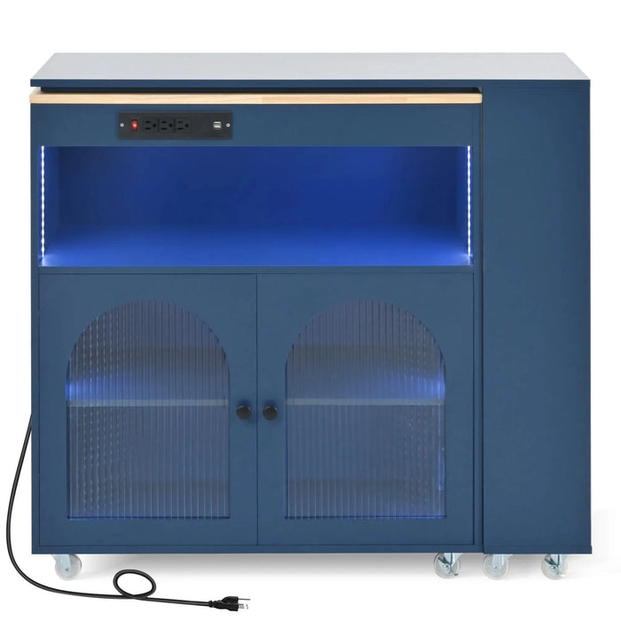 K&K Rolling Kitchen Island With Extended Table, Kitchen Island on Wheels with LED Lights,Power Outlets and 2 Fluted Glass Doors, Kitchen Island with a Storage Compartment and Side 3 Open Shelves, Navy Default -DTYStore