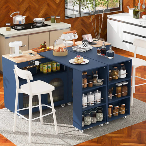 K&K Rolling Kitchen Island With Extended Table, Kitchen Island on Wheels with LED Lights,Power Outlets and 2 Fluted Glass Doors, Kitchen Island with a Storage Compartment and Side 3 Open Shelves, Navy Default -DTYStore
