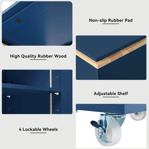 K&K Rolling Kitchen Island With Extended Table, Kitchen Island on Wheels with LED Lights,Power Outlets and 2 Fluted Glass Doors, Kitchen Island with a Storage Compartment and Side 3 Open Shelves, Navy Default -DTYStore