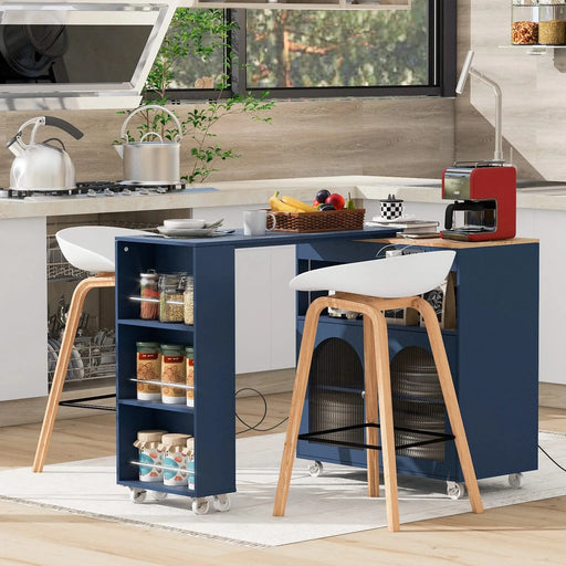 K&K Rolling Kitchen Island With Extended Table, Kitchen Island on Wheels with LED Lights,Power Outlets and 2 Fluted Glass Doors, Kitchen Island with a Storage Compartment and Side 3 Open Shelves, Navy Default -DTYStore