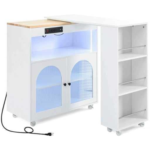 K&K Rolling Kitchen Island With Extended Table, Kitchen island on Wheels with LED Lights,Power Outlets and 2 Fluted Glass Doors, Kitchen Island with a Storage Compartment and Side 3 Open Shelves,White Default -DTYStore