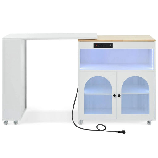 K&K Rolling Kitchen Island With Extended Table, Kitchen island on Wheels with LED Lights,Power Outlets and 2 Fluted Glass Doors, Kitchen Island with a Storage Compartment and Side 3 Open Shelves,White Default -DTYStore
