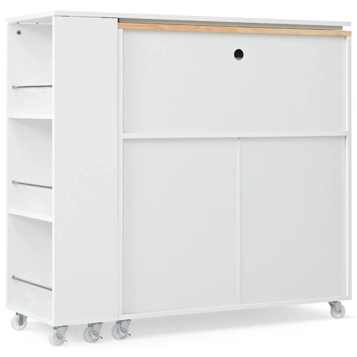 K&K Rolling Kitchen Island With Extended Table, Kitchen island on Wheels with LED Lights,Power Outlets and 2 Fluted Glass Doors, Kitchen Island with a Storage Compartment and Side 3 Open Shelves,White Default -DTYStore