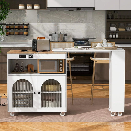 K&K Rolling Kitchen Island With Extended Table, Kitchen island on Wheels with LED Lights,Power Outlets and 2 Fluted Glass Doors, Kitchen Island with a Storage Compartment and Side 3 Open Shelves,White Default -DTYStore