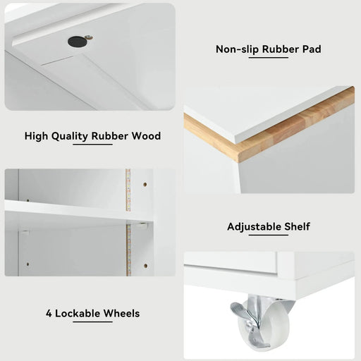 K&K Rolling Kitchen Island With Extended Table, Kitchen island on Wheels with LED Lights,Power Outlets and 2 Fluted Glass Doors, Kitchen Island with a Storage Compartment and Side 3 Open Shelves,White Default -DTYStore