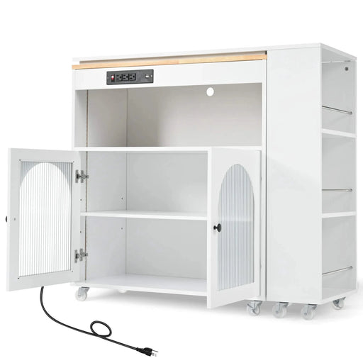 K&K Rolling Kitchen Island With Extended Table, Kitchen island on Wheels with LED Lights,Power Outlets and 2 Fluted Glass Doors, Kitchen Island with a Storage Compartment and Side 3 Open Shelves,White Default -DTYStore