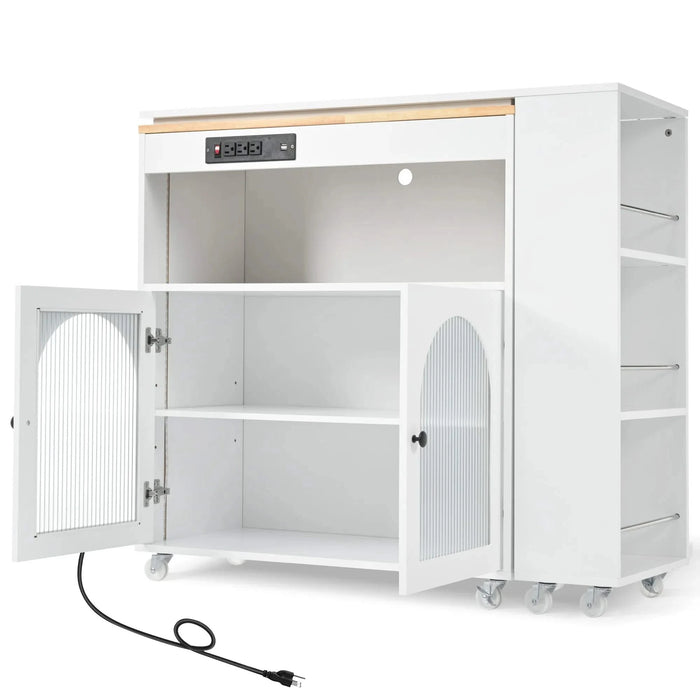 K&K Rolling Kitchen Island With Extended Table, Kitchen island on Wheels with LED Lights,Power Outlets and 2 Fluted Glass Doors, Kitchen Island with a Storage Compartment and Side 3 Open Shelves,White Default -DTYStore