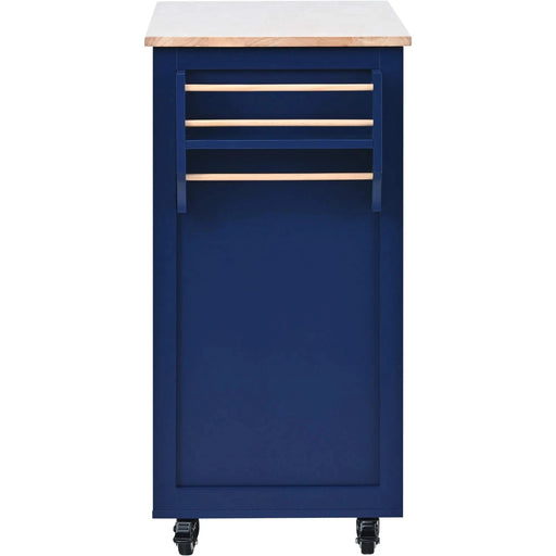 K&K Store Kitchen Cart with Rubber Wood Countertop , Kitchen Island has 8 Handle-Free Drawers Including a Flatware Organizer and 5 Wheels for Kitchen Dinning Room, Dark Blue Default -DTYStore