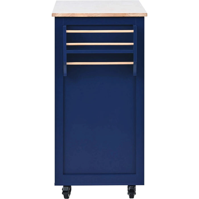 K&K Store Kitchen Cart with Rubber Wood Countertop , Kitchen Island has 8 Handle-Free Drawers Including a Flatware Organizer and 5 Wheels for Kitchen Dinning Room, Dark Blue Default -DTYStore