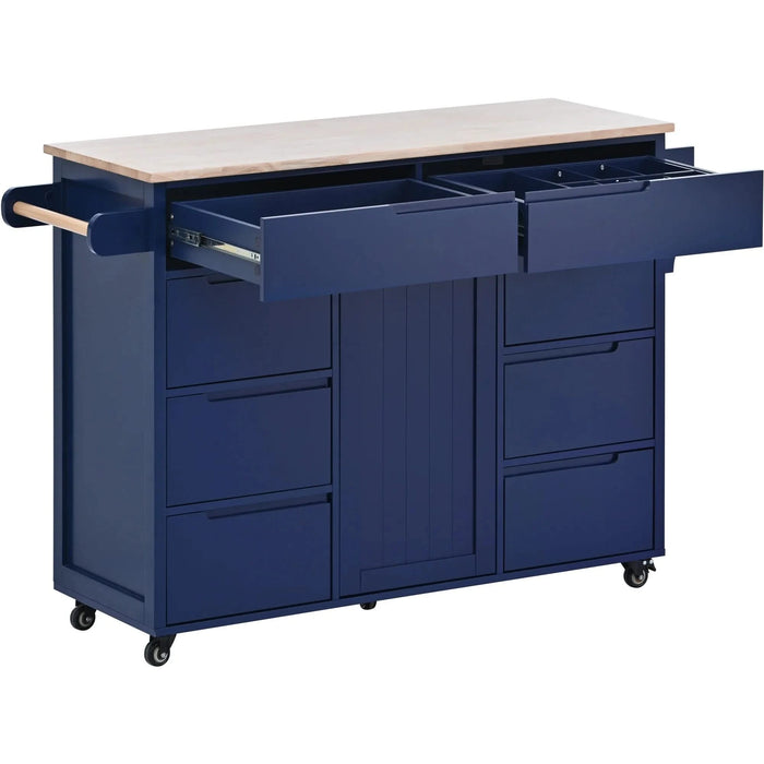 K&K Store Kitchen Cart with Rubber Wood Countertop , Kitchen Island has 8 Handle-Free Drawers Including a Flatware Organizer and 5 Wheels for Kitchen Dinning Room, Dark Blue Default -DTYStore