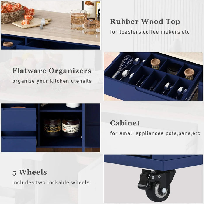 K&K Store Kitchen Cart with Rubber Wood Countertop , Kitchen Island has 8 Handle-Free Drawers Including a Flatware Organizer and 5 Wheels for Kitchen Dinning Room, Dark Blue Default -DTYStore