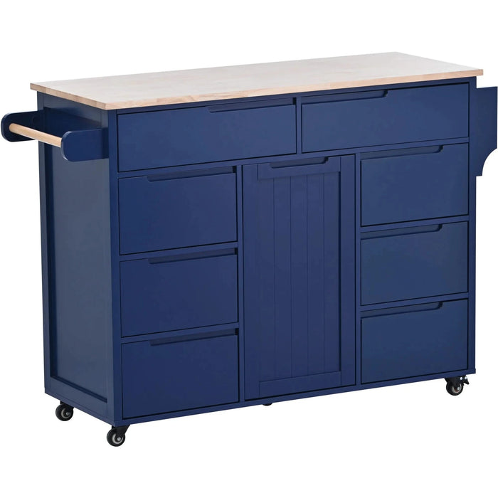 K&K Store Kitchen Cart with Rubber Wood Countertop , Kitchen Island has 8 Handle-Free Drawers Including a Flatware Organizer and 5 Wheels for Kitchen Dinning Room, Dark Blue Default -DTYStore