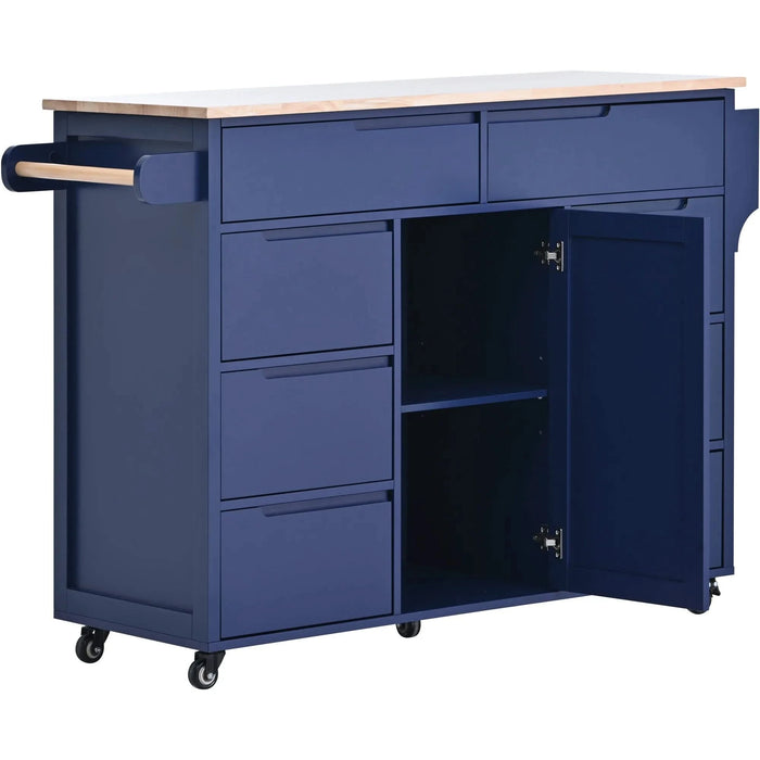 K&K Store Kitchen Cart with Rubber Wood Countertop , Kitchen Island has 8 Handle-Free Drawers Including a Flatware Organizer and 5 Wheels for Kitchen Dinning Room, Dark Blue Default -DTYStore