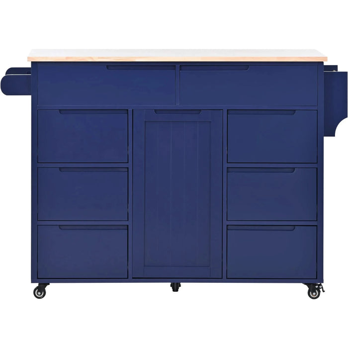 K&K Store Kitchen Cart with Rubber Wood Countertop , Kitchen Island has 8 Handle-Free Drawers Including a Flatware Organizer and 5 Wheels for Kitchen Dinning Room, Dark Blue Default -DTYStore