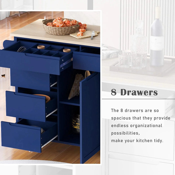 K&K Store Kitchen Cart with Rubber Wood Countertop , Kitchen Island has 8 Handle-Free Drawers Including a Flatware Organizer and 5 Wheels for Kitchen Dinning Room, Dark Blue Default -DTYStore