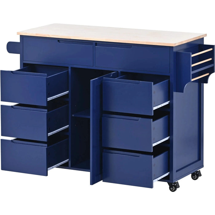 K&K Store Kitchen Cart with Rubber Wood Countertop , Kitchen Island has 8 Handle-Free Drawers Including a Flatware Organizer and 5 Wheels for Kitchen Dinning Room, Dark Blue Default -DTYStore
