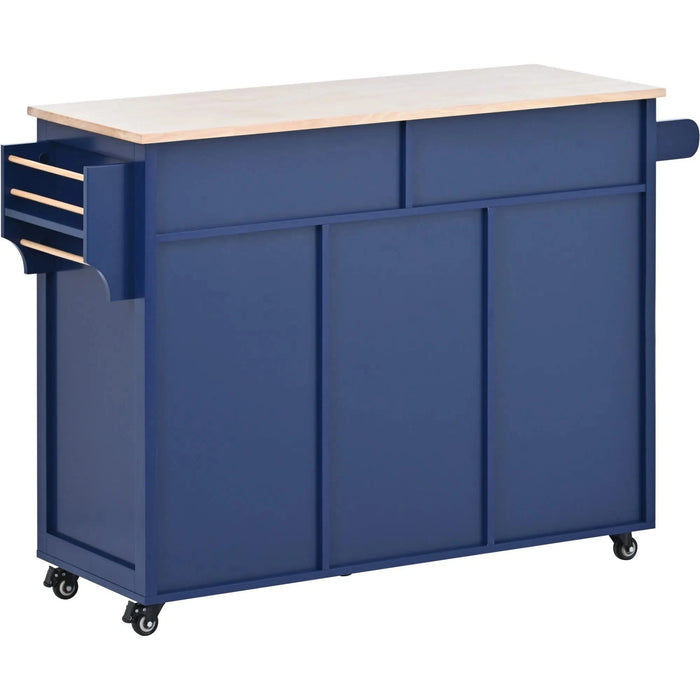 K&K Store Kitchen Cart with Rubber Wood Countertop , Kitchen Island has 8 Handle-Free Drawers Including a Flatware Organizer and 5 Wheels for Kitchen Dinning Room, Dark Blue Default -DTYStore