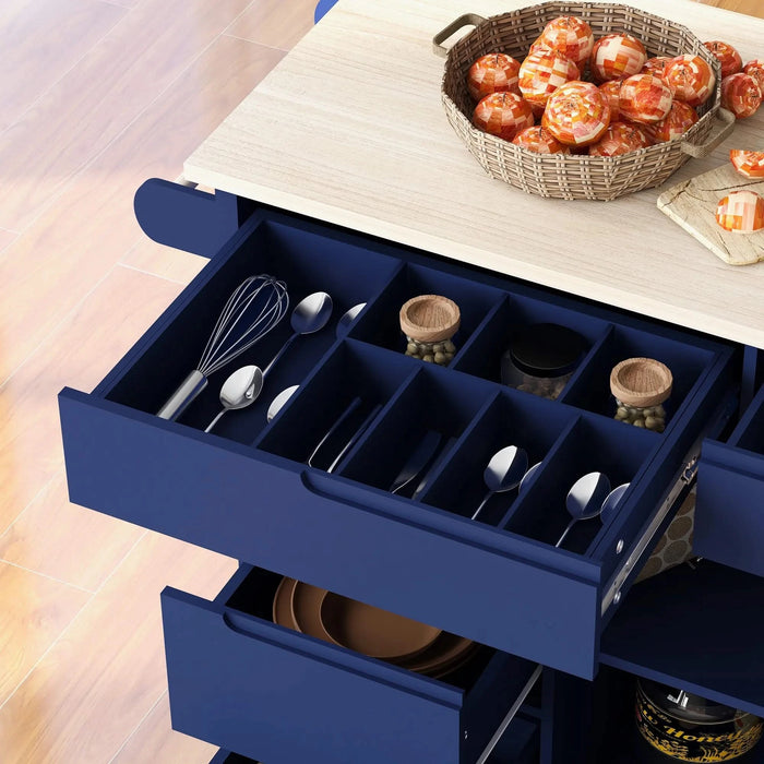 K&K Store Kitchen Cart with Rubber Wood Countertop , Kitchen Island has 8 Handle-Free Drawers Including a Flatware Organizer and 5 Wheels for Kitchen Dinning Room, Dark Blue Default -DTYStore