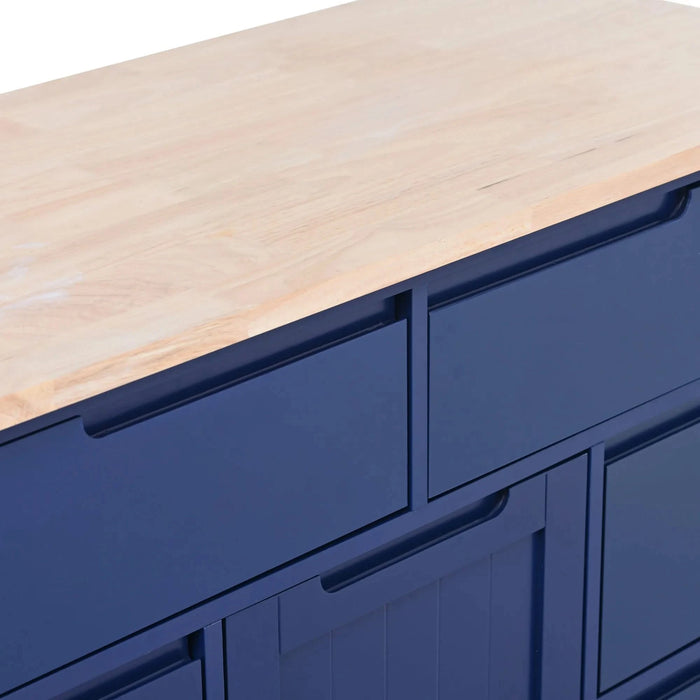 K&K Store Kitchen Cart with Rubber Wood Countertop , Kitchen Island has 8 Handle-Free Drawers Including a Flatware Organizer and 5 Wheels for Kitchen Dinning Room, Dark Blue Default -DTYStore