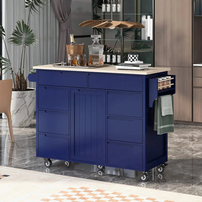 K&K Store Kitchen Cart with Rubber Wood Countertop , Kitchen Island has 8 Handle-Free Drawers Including a Flatware Organizer and 5 Wheels for Kitchen Dinning Room, Dark Blue Default -DTYStore