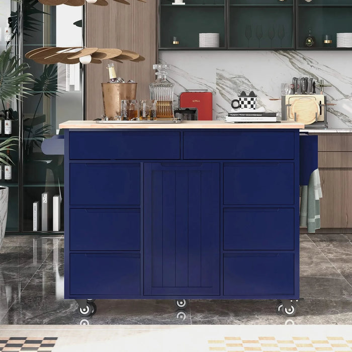 K&K Store Kitchen Cart with Rubber Wood Countertop , Kitchen Island has 8 Handle-Free Drawers Including a Flatware Organizer and 5 Wheels for Kitchen Dinning Room, Dark Blue Default -DTYStore