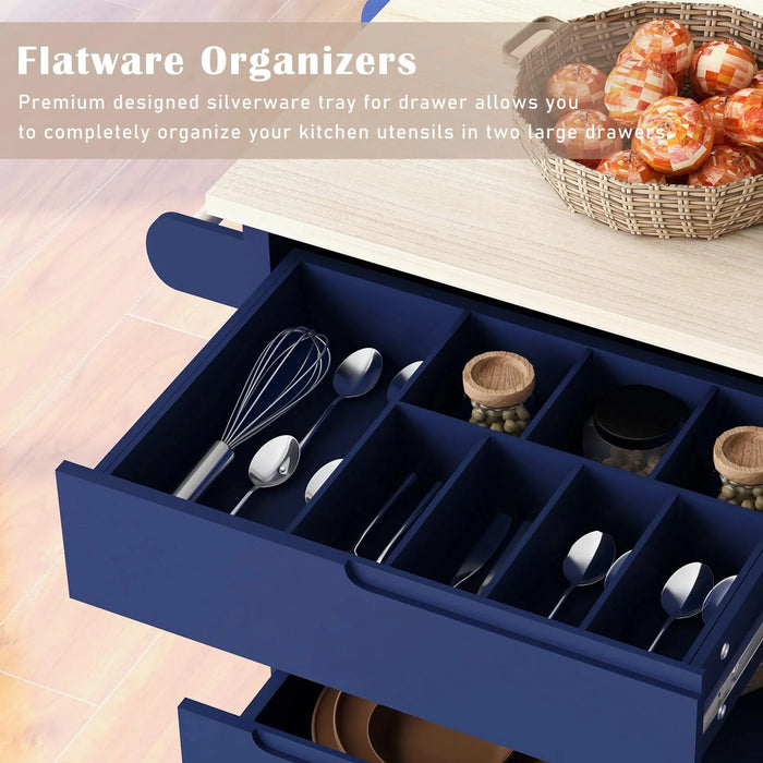 K&K Store Kitchen Cart with Rubber Wood Countertop , Kitchen Island has 8 Handle-Free Drawers Including a Flatware Organizer and 5 Wheels for Kitchen Dinning Room, Dark Blue Default -DTYStore