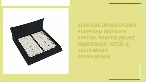 King Size Upholstered Platform Bed with Special Shaped Velvet Headboard, Metal & Solid Wood Frame,Black Default -DTYStore