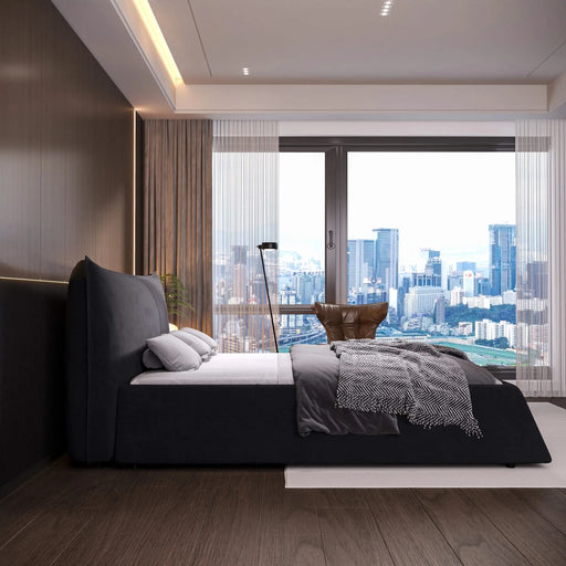 King Size Upholstered Platform Bed with Special Shaped Velvet Headboard, Metal & Solid Wood Frame,Black Default -DTYStore