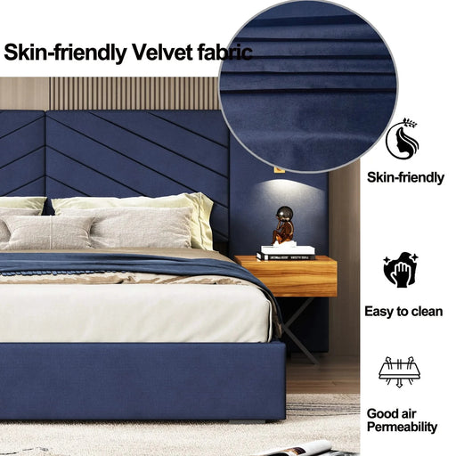 King Size Velvet Bed Frame/Vertical Channel Tufted Wingback Headboard/Upholstered Platform Bed/Strong Wooden Slats/No Box Spring Needed/Easy AssemblyRoyal blue Default -DTYStore