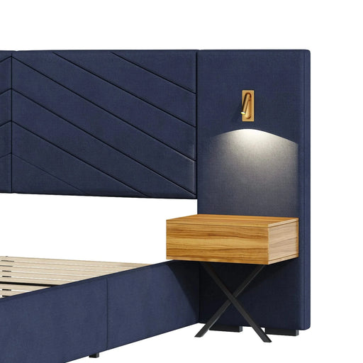 King Size Velvet Bed Frame/Vertical Channel Tufted Wingback Headboard/Upholstered Platform Bed/Strong Wooden Slats/No Box Spring Needed/Easy AssemblyRoyal blue Default -DTYStore