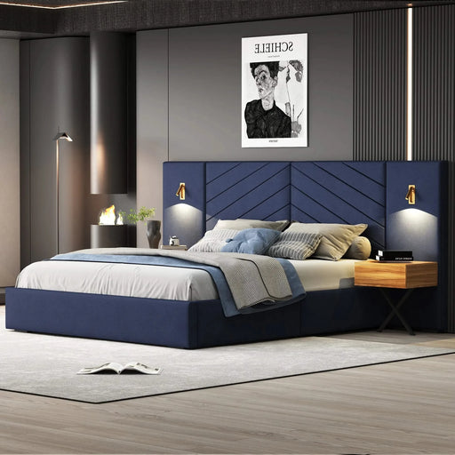 King Size Velvet Bed Frame/Vertical Channel Tufted Wingback Headboard/Upholstered Platform Bed/Strong Wooden Slats/No Box Spring Needed/Easy AssemblyRoyal blue Default -DTYStore