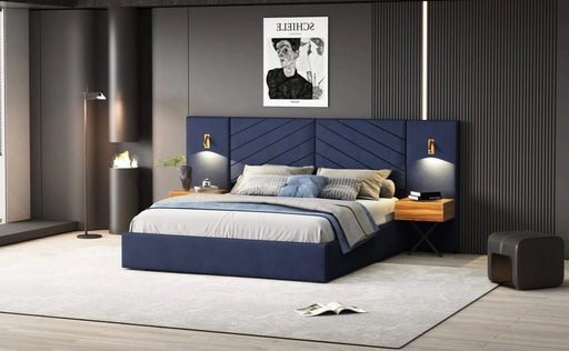 King Size Velvet Bed Frame/Vertical Channel Tufted Wingback Headboard/Upholstered Platform Bed/Strong Wooden Slats/No Box Spring Needed/Easy AssemblyRoyal blue Default -DTYStore