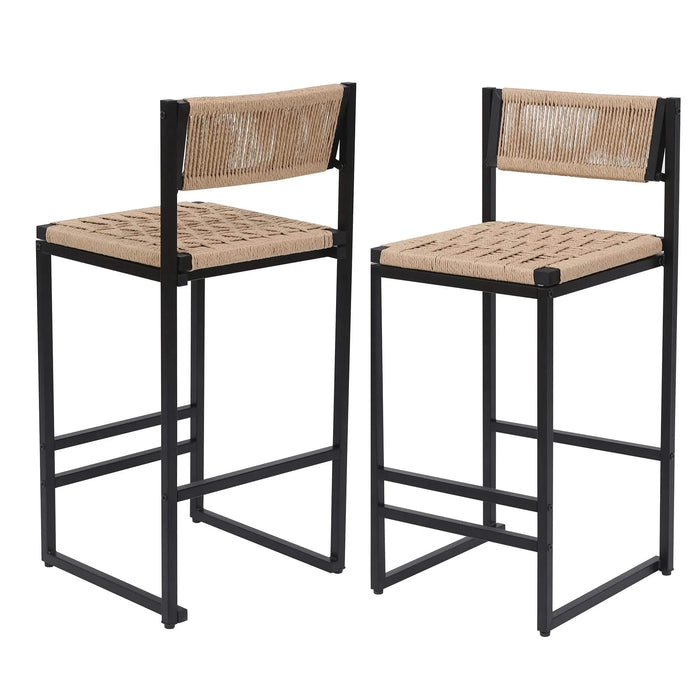 Kitchen Bar Stools with Footrest Set of 2 Paper Rope Weave Dining Chairs Counter Height Barstool (Style B Black & Honey) Default -DTYStore