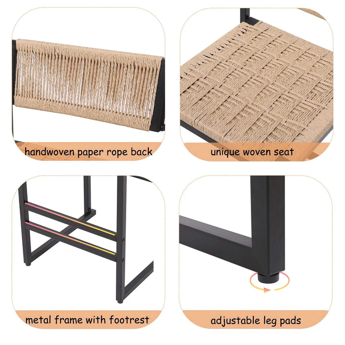 Kitchen Bar Stools with Footrest Set of 2 Paper Rope Weave Dining Chairs Counter Height Barstool (Style B Black & Honey) Default -DTYStore