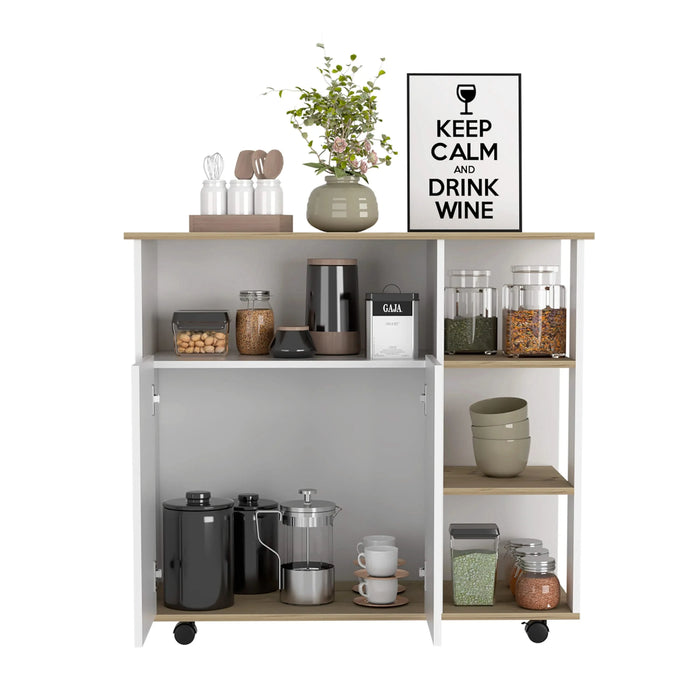 Kitchen Cart 35' H, Four Open Shelves, Double Door Cabinet, Four Casters - Light Oak/White Default -DTYStore