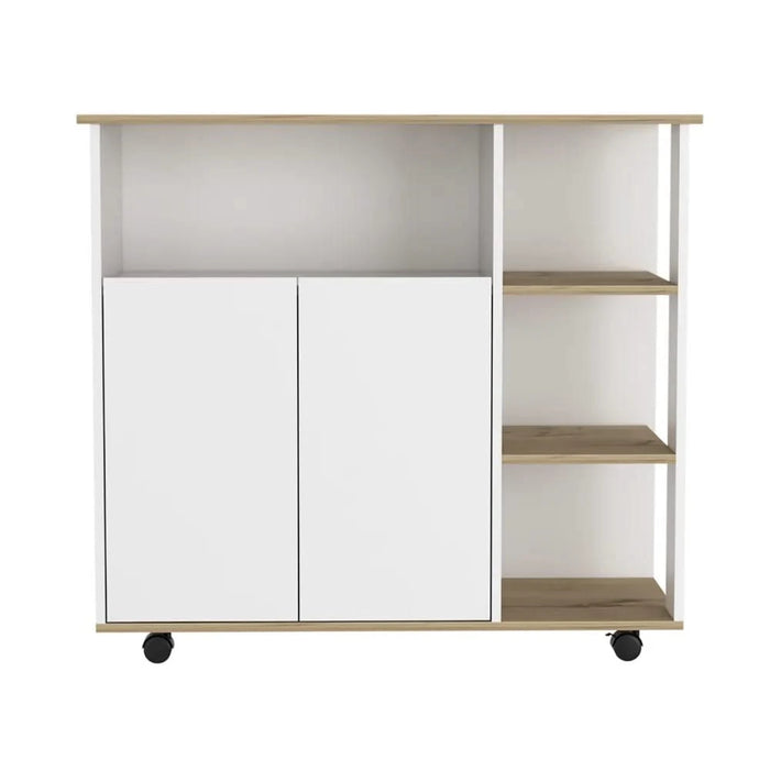 Kitchen Cart 35' H, Four Open Shelves, Double Door Cabinet, Four Casters - Light Oak/White Default -DTYStore